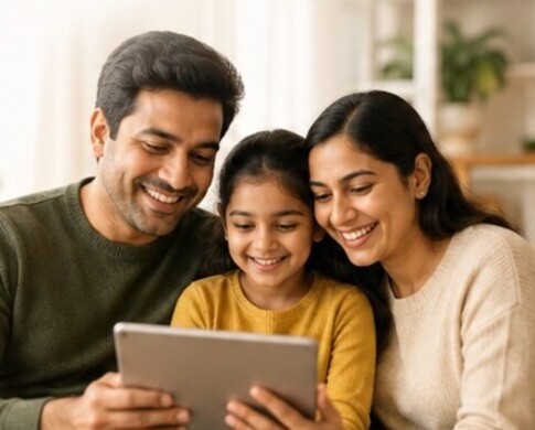 Indian family reviewing information together